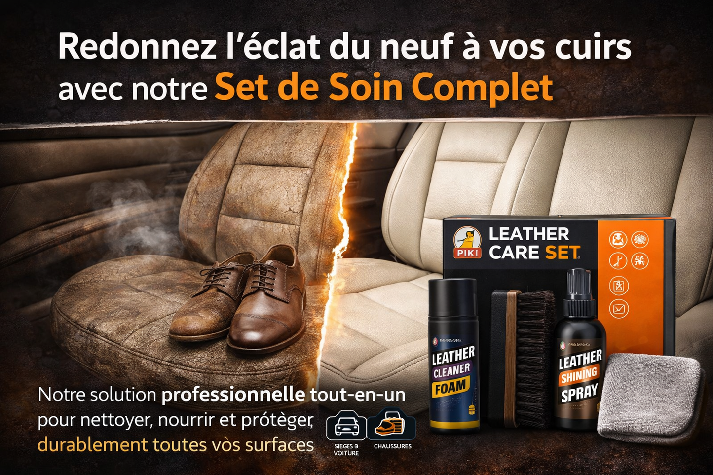 Kit Entretien Cuir Premium 4-en-1 - Nettoyage & Protection Intense