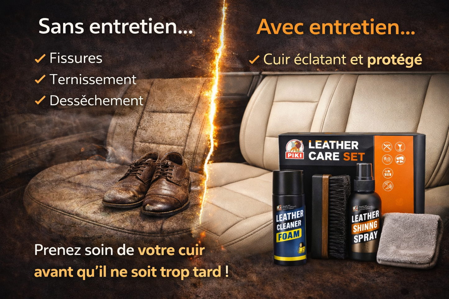 Kit Entretien Cuir Premium 4-en-1 - Nettoyage & Protection Intense